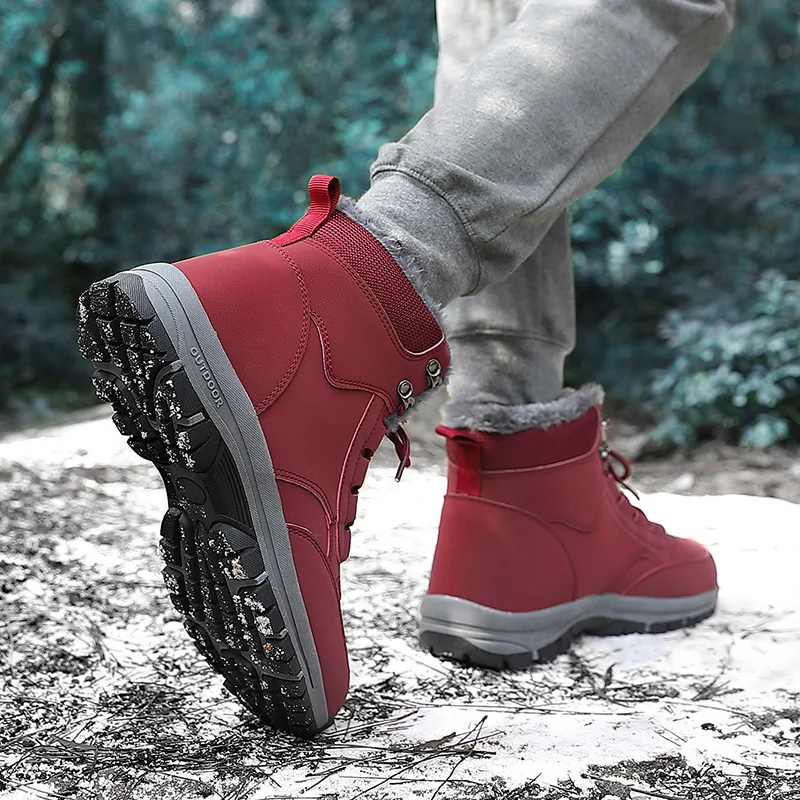 

Antiskid plush Warm Snow Boots Woman Elder walking Shoes Outdoor Ankle Boots big size 43 44 Wine Red high-top shoes lace-ups