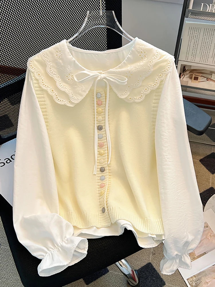 

Антивозрастной комплект из двух предметов: женский вязаный жилет на пуговицах и модная рубашка с воротником-стойкой, новинка ранней весны