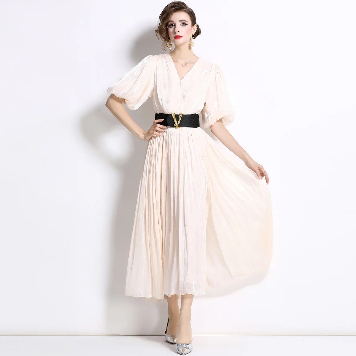 French Luxury Folds Wedding Formal Occasion Dress Women\'s V-Neck Puff Sleeve Belt High Split Pleated Shine Robe Clothes Holiday