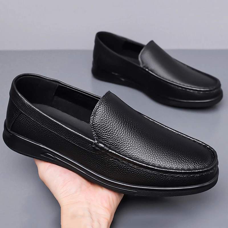 Men Business Casual Shoes Anti Slip Loafers Handmade Layered Cowhide Rubber Flat Bottom Leather Footwear for Office And Leisure