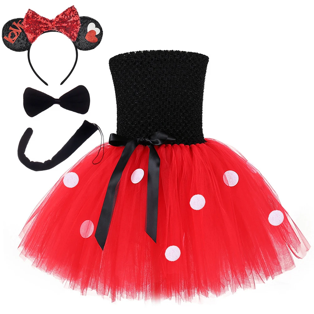 Red Lined Mouse Ballet Tutus Dress for Baby Girls Cartoon Animal Costumes for Kids Toddler Christmas Party Outfit with Ears Tail