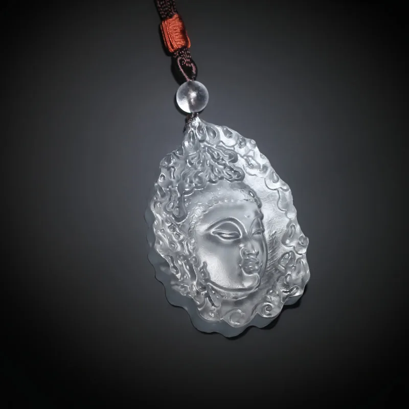 Chinese Style Clear Liuli Flame Buddha Head Pendant Necklace Lucky Amulet For Men Women Hand Braided Rope Blessing Jewelry Spiri