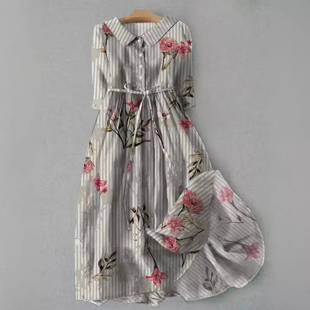 

Date Night Dress Bohemian Style Floral Print Midi Dress with Lace-up Detail Three Quarter Sleeves for Fall Summer Fashion