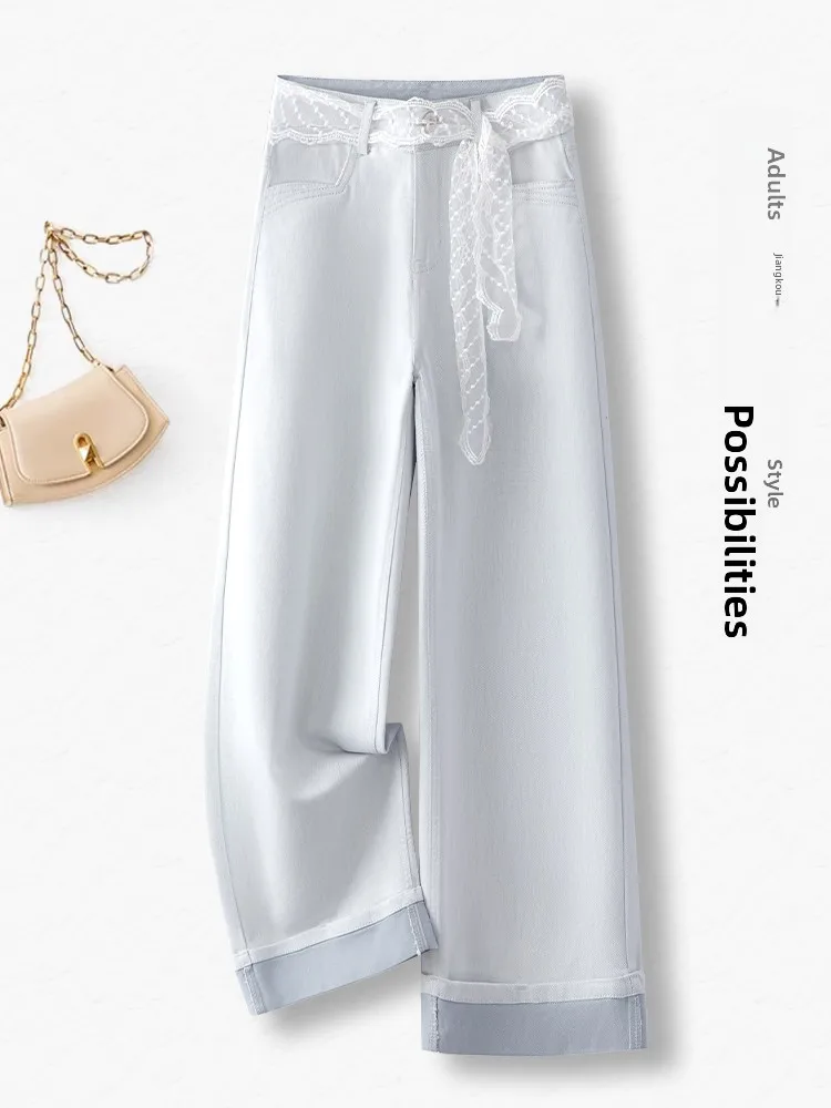 

High Waist Wide Leg Jeans Women's Summer Thin Casual Loose Straight Cut Pants Cotton Polyester Spandex Blend High Waist