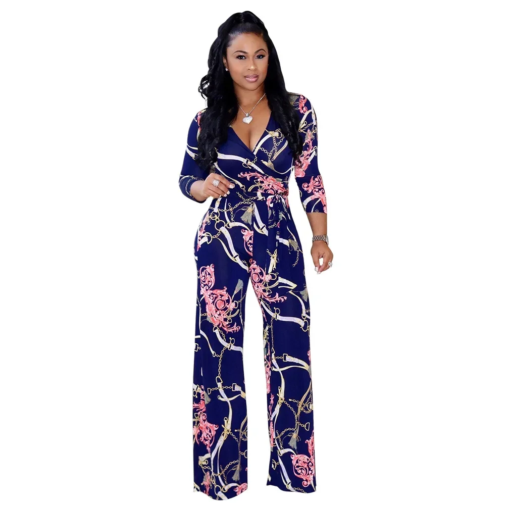 Sexy women's V-Neck long sleeve print one piece women pants Wide Leg Pants Capris 2024 fall fashion plus size clothes