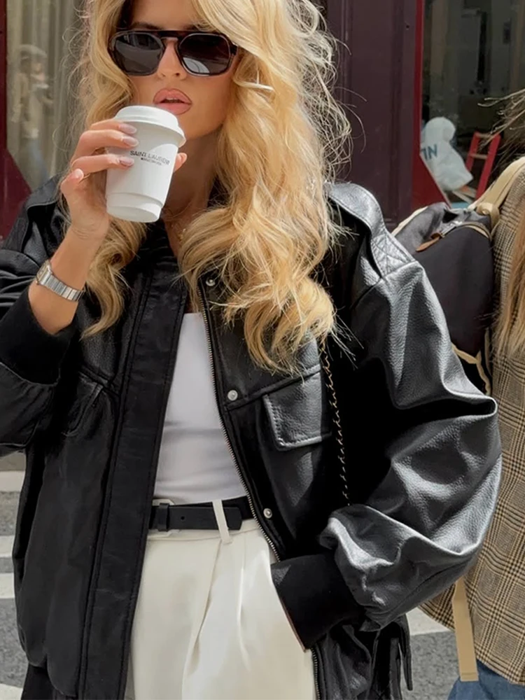 

Black Retro Spiral Pattern Leather Jacket Women Single Breasted Patchwork Lapel Pockets Coat 2025 Lady High Street Fashion Wear