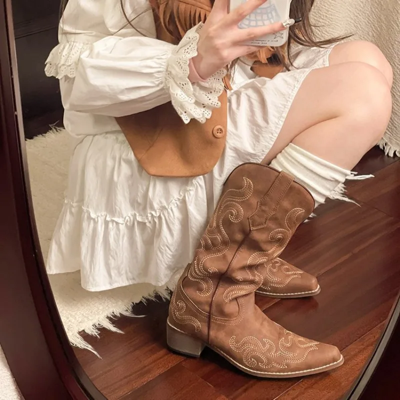Autumn Embroidered Western Cowboy Boots for Women Pointed Toe Thick Heel High Knee Boots Woman Loose  Leather Long Botas Mujer