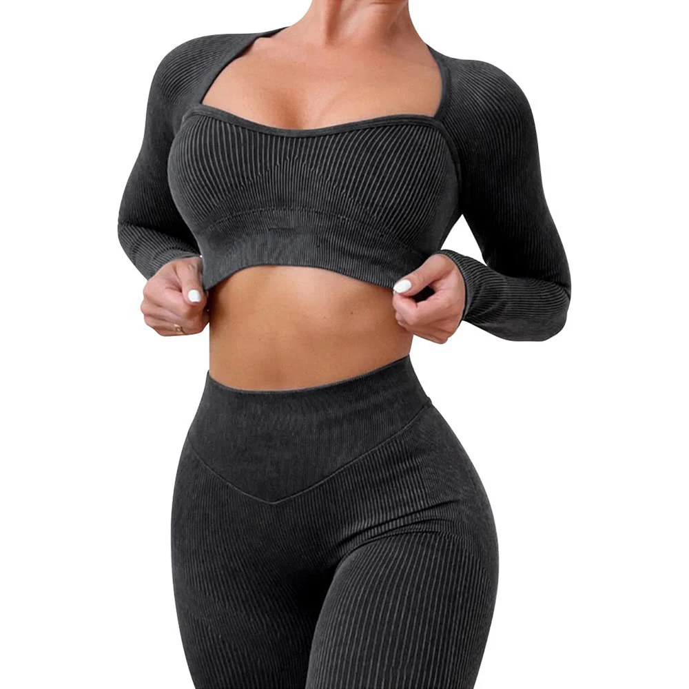 Long Sleeve Yoga Shirt Women Scoop Neck Crop Sports Tee Slim Fit Gym Crop Top