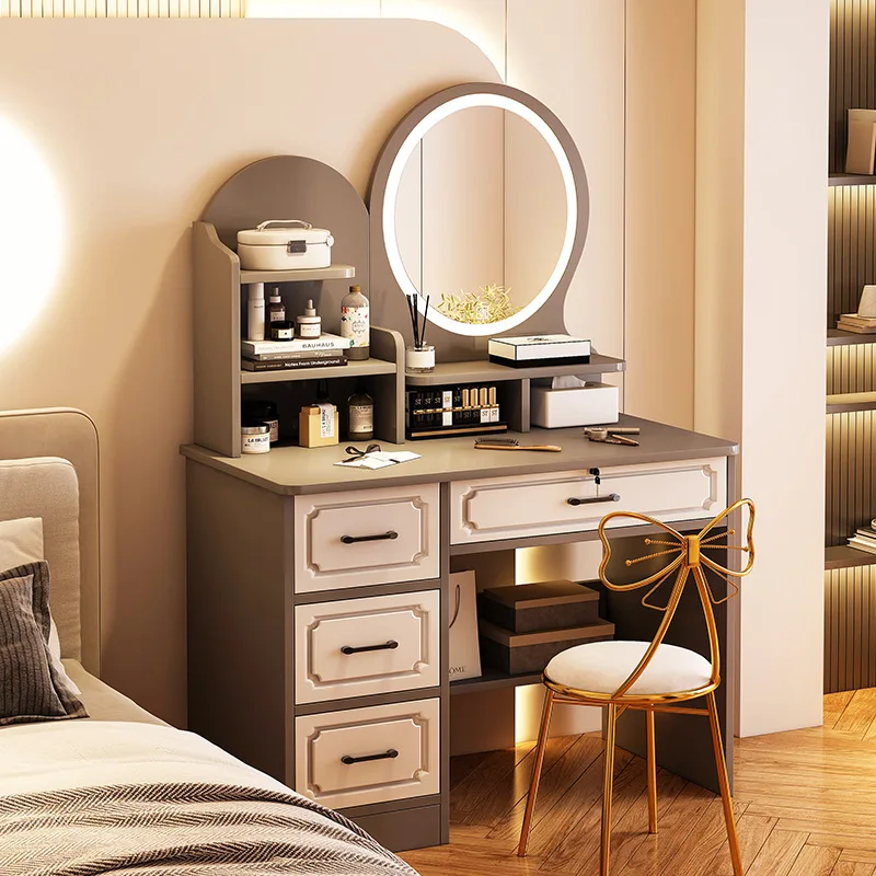 

Modern Vanity Dressing Table Set with LED Mirror 3 Color Drawers Storage Makeup Desk for Bedroom White Dressers Furniture