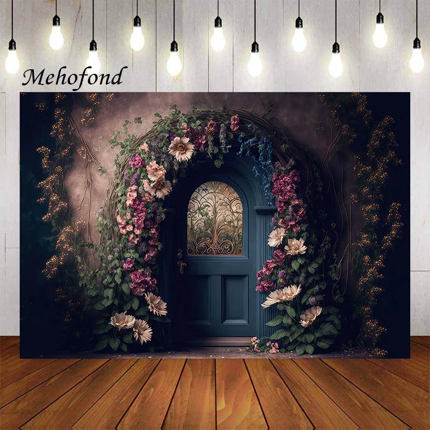 

Mehofond Photography Background Vintage Boho Wood Door Floral Girls Birthday Party Wedding Portrait Decor Photo Backdrop Studio