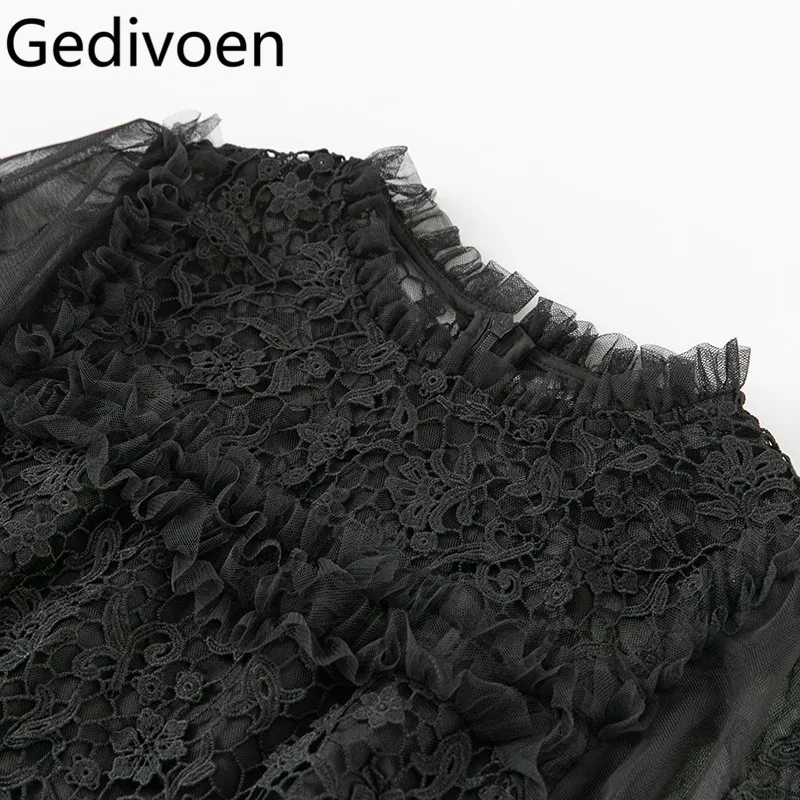 Gedivoen Solid Long Sleeve Slim Maxi Fungus Dress Party Prom Clothes Women Lace Hollow Out Long S-4XL Dresses