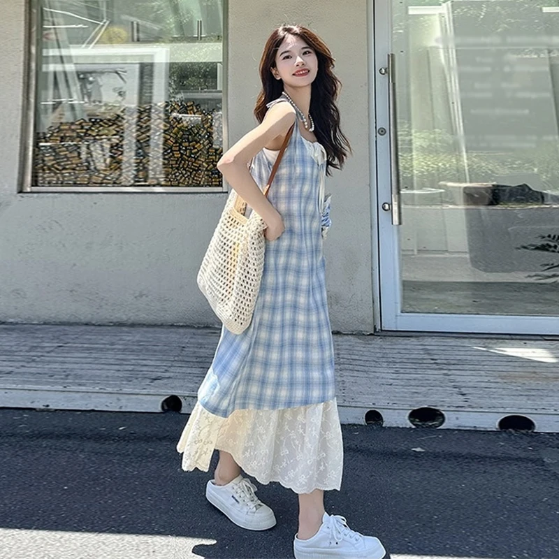 Women Plaid Fake Two Piece Suspender Dress Women Summer Retro Loose Long Dress