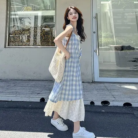 여성 격자 무늬 가짜 두 조각 서스펜더 드레스 여성 여름 레트로 느슨한 롱 드레스