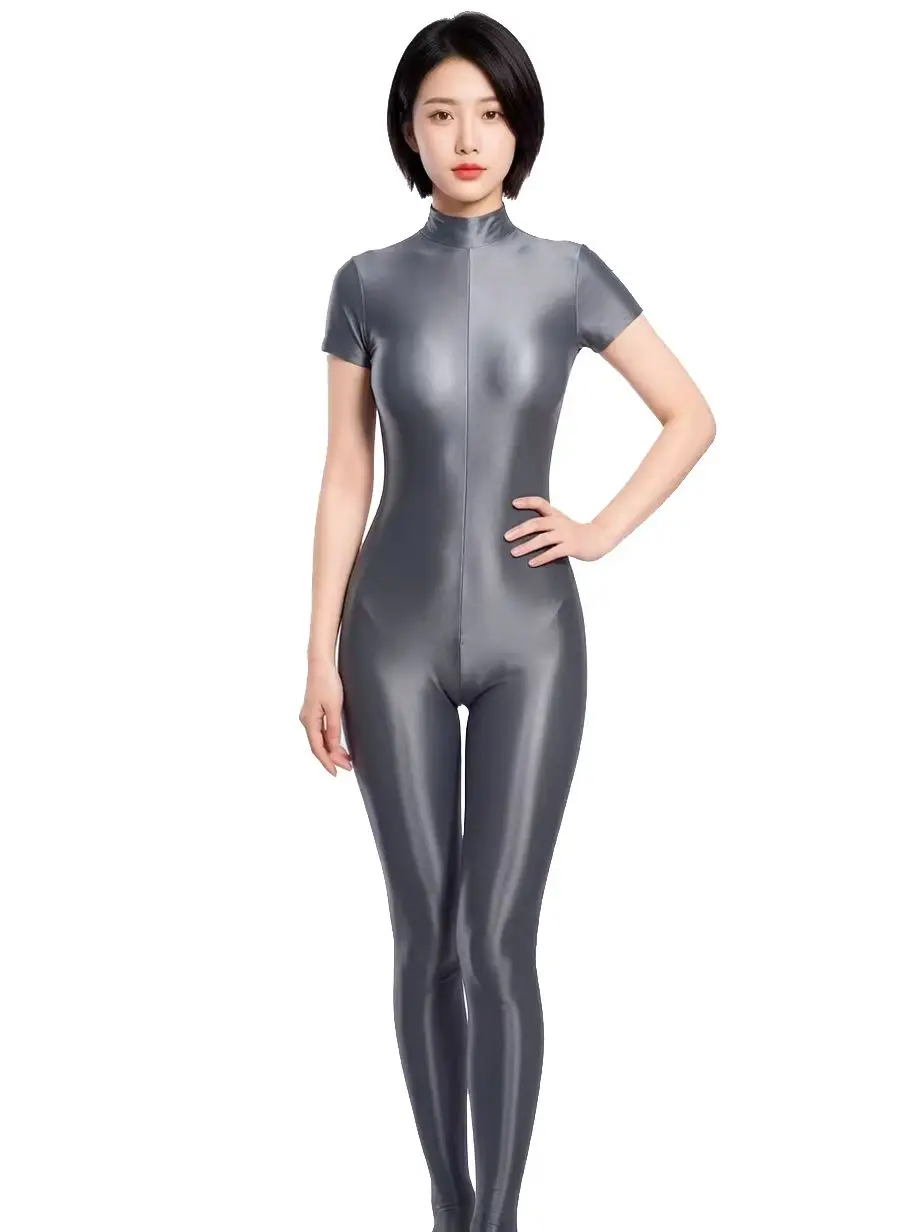 M XL Shiny Short Sleeve Nylon Bodystocking Catsuit Zipper Crotch Bodysuit Elastic Jumpsuit Tights Fitness Leotard Conjoined Body