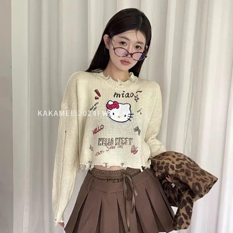 Hot Kawaii Hello Kitty Hole Sweater Sanrio Ins Girl Short Belly Button Outfit Hot Girl Sweet Sweater Casual Cute Tops Sweatshirt