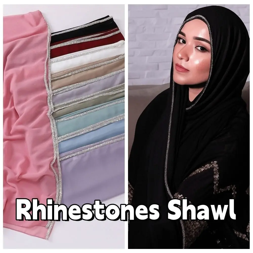 

Luxury Solid Color Ethnic Style Scarf Sparkling Rhinestones Brim Islamic Turban Thin Bandana Headscarf Female