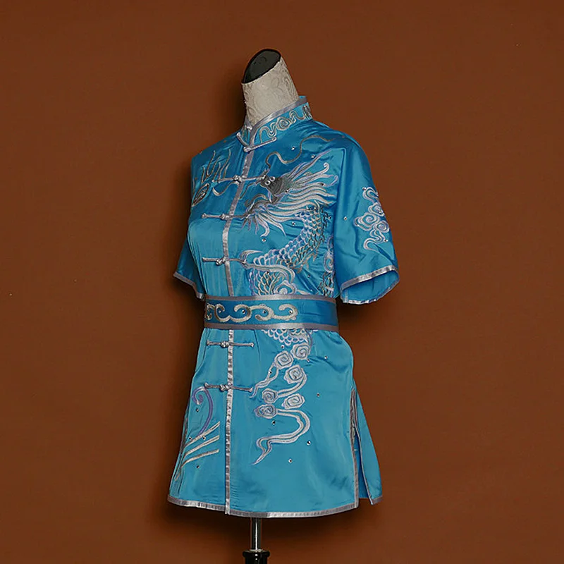 Martial Arts Uniform Dragon Out of Sea Changquan Nanquan Competition Performance Embroidered Kung Fu Suit Sky Blue Summer Custom