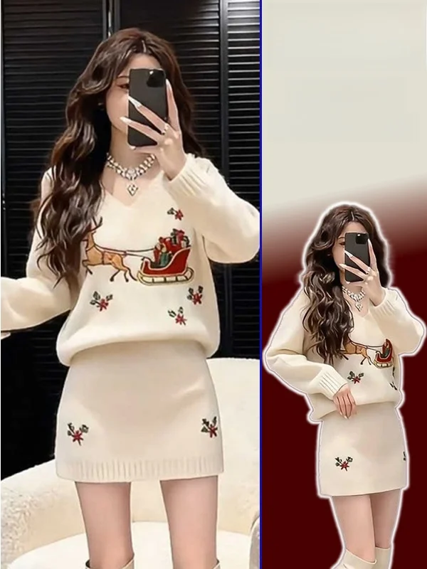 

Cisas Sle Soft Cozy V-Ne Knitted Sweater And Skirt Set plus Size Versatile Spring Faion Women's Warm Long Sve Top