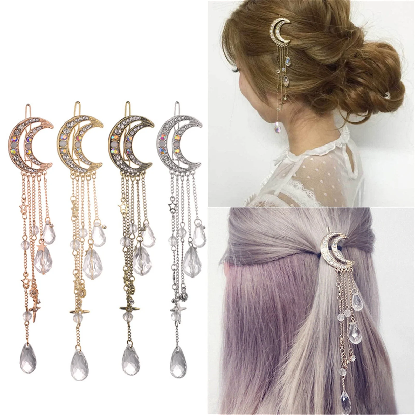 1 Stück Ramadan-Mond-Haarspange für Damen, funkelnde Kristall-Strass-Halbmond-Haarspangen, elegantes Quasten-Haaraccessoire – Detail 1