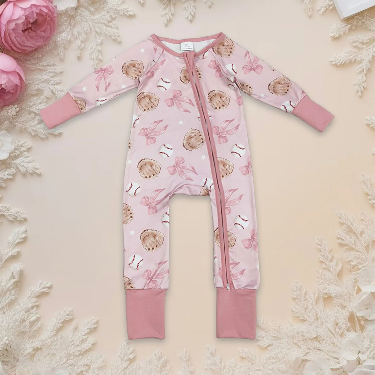 

Newborn Bodysuit Baby Girl Pink Hats Baseballs Print Two Way Zipper Sleeper Rompers Boutique Clothing Babies Infant Clothes