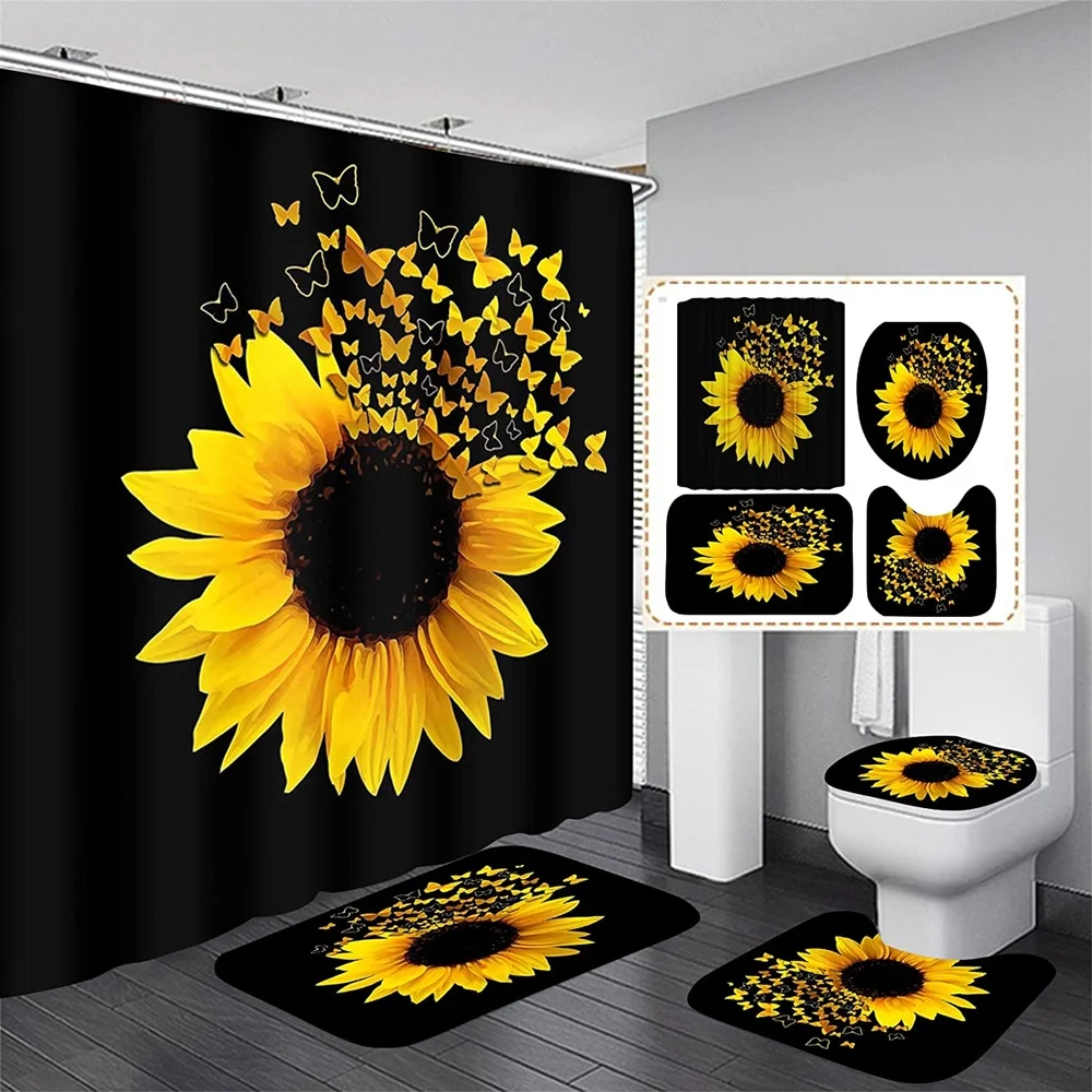 Magic Sunflower Butterfly Shower Curtain Sets, Black, Yellow Art, Country Flower, Bathroom Decor, Bath Mats, Rug Toilet Cover