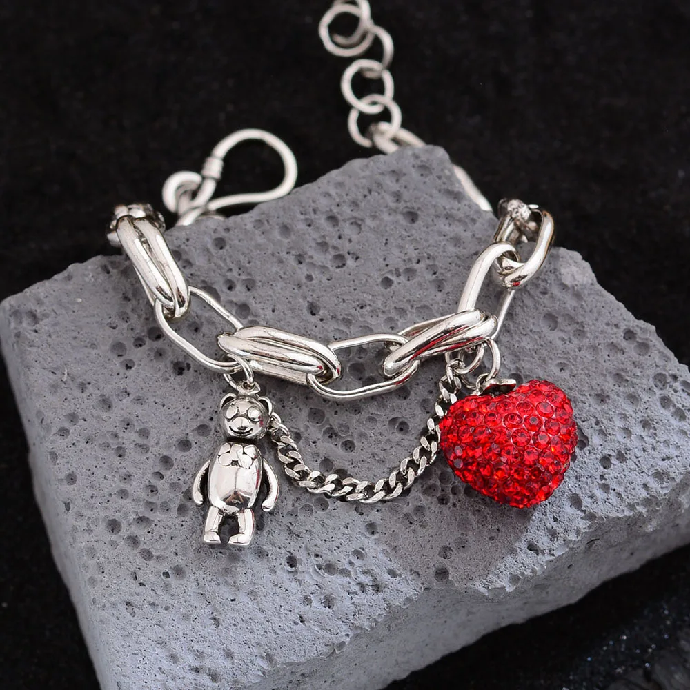 New Arrival Romantic Love Heart & Bear Animal 925 Sterling Silver Female Charm Bracelet Promotion Jewelry For Women Gifts Cheap