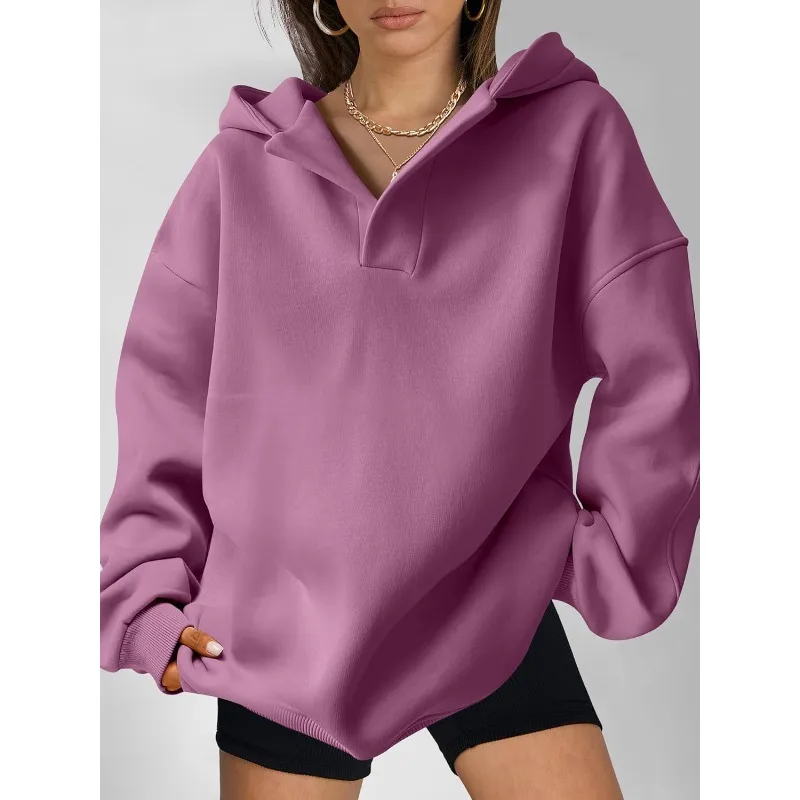 Autumn Winter Women's Pullovers Solid Color Long Sleeved Hooded Loose Casual  Hoodie Lady's Oversize Tops Sweatshirt 2025 New