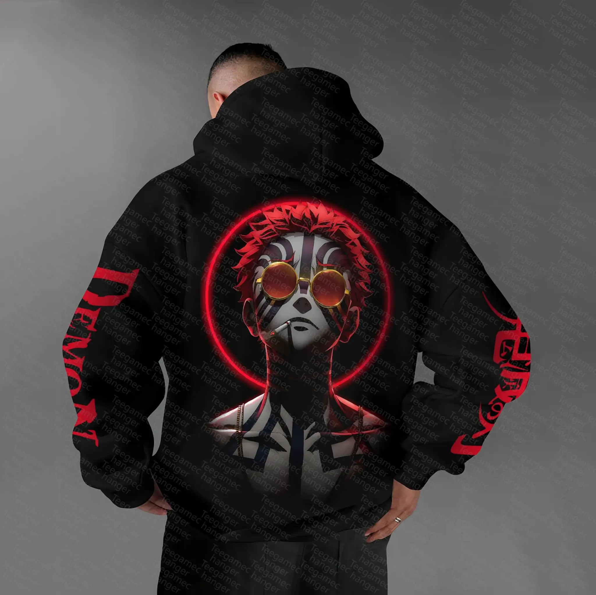 Demon Slayer Kimetsu No Yaiba Akaza conjunto con capucha negra chándal de algodón con patrón rojo traje de Cosplay con diseño de manga