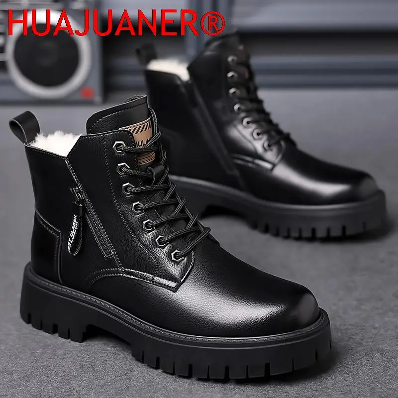 Stylish Leather Men's Boots High-top British Style Ins Tide Male Shoes Autumn Winter Black Men Snow Boots Comfy Motocross Boots