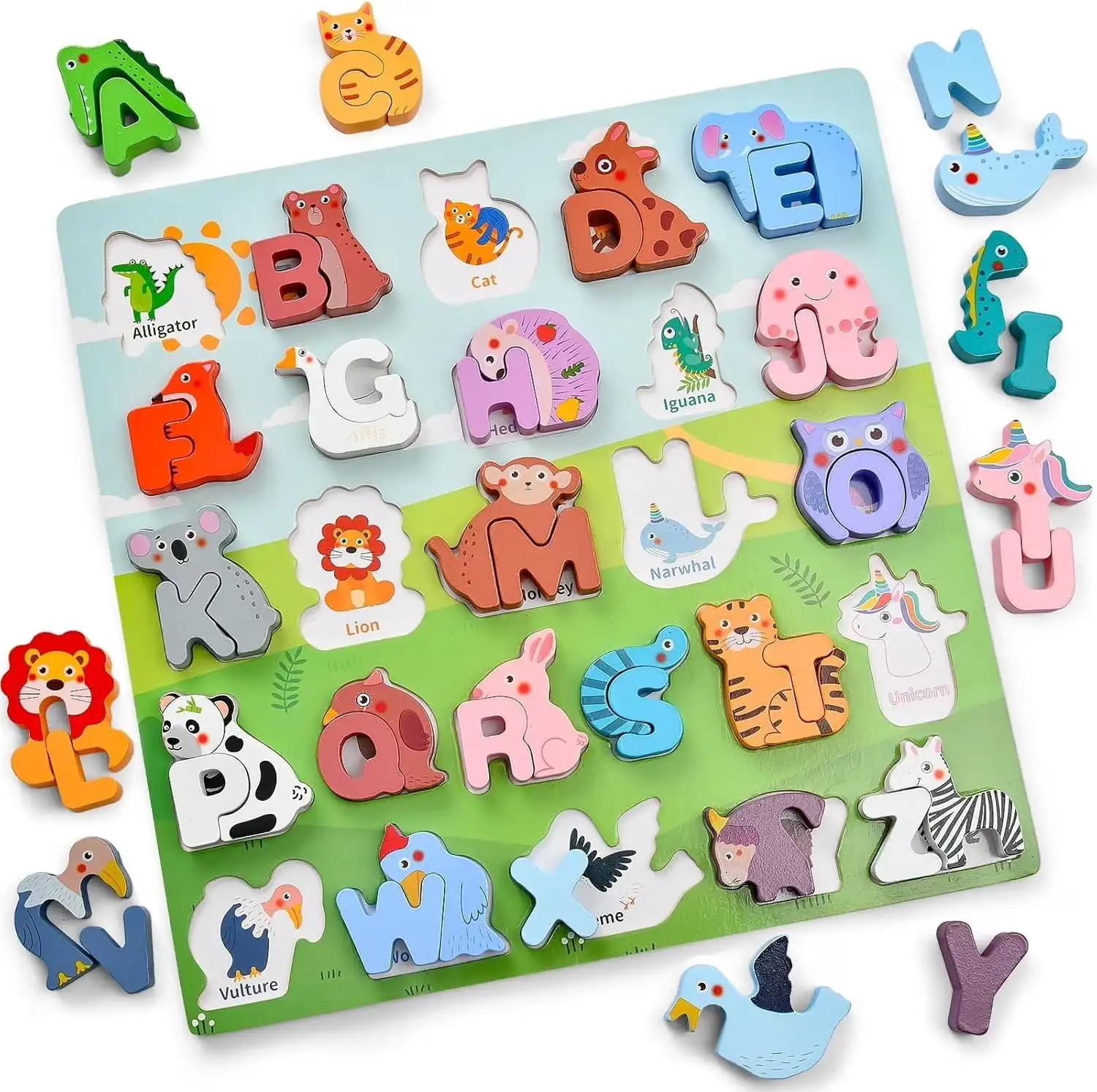 Wooden Alphabet Puzzles for Toddlers 1-3, ABC Puzzles with Spelling Board & Animals, Preschool Educational Learning Toys