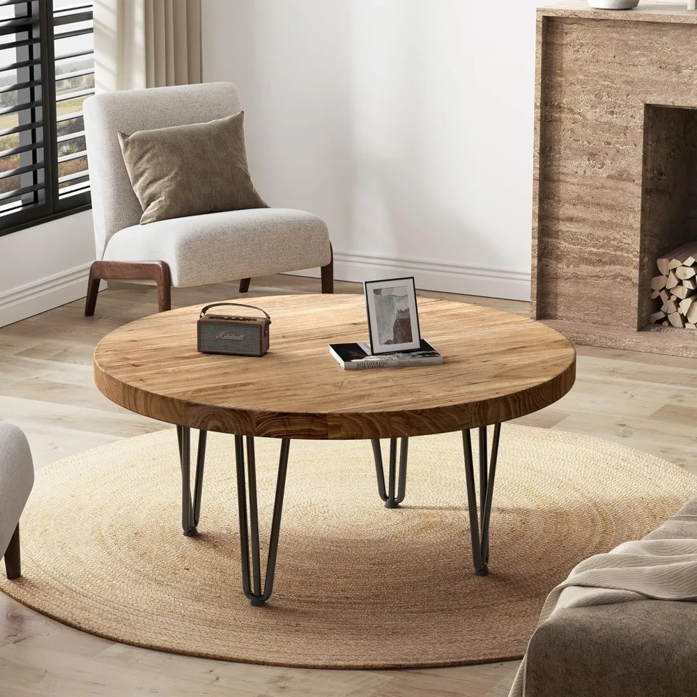 Farmhouse Style Round Elm Wood Coffee Table with Metal Legs and Anti-Slip Pads for Living Room