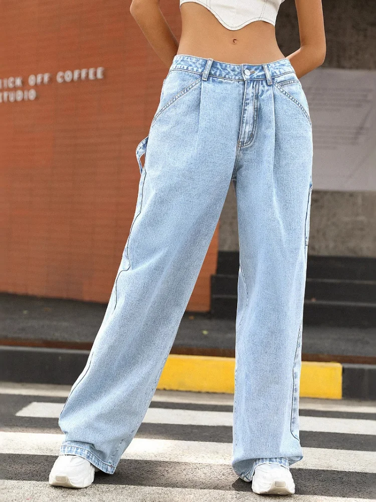 Celana Jeans Wanita High Waist Longgar Kasual, Model Slimming, Bahan Katun Twill, Musim Gugur, Tanpa Stretch, Nyaman Dipakai