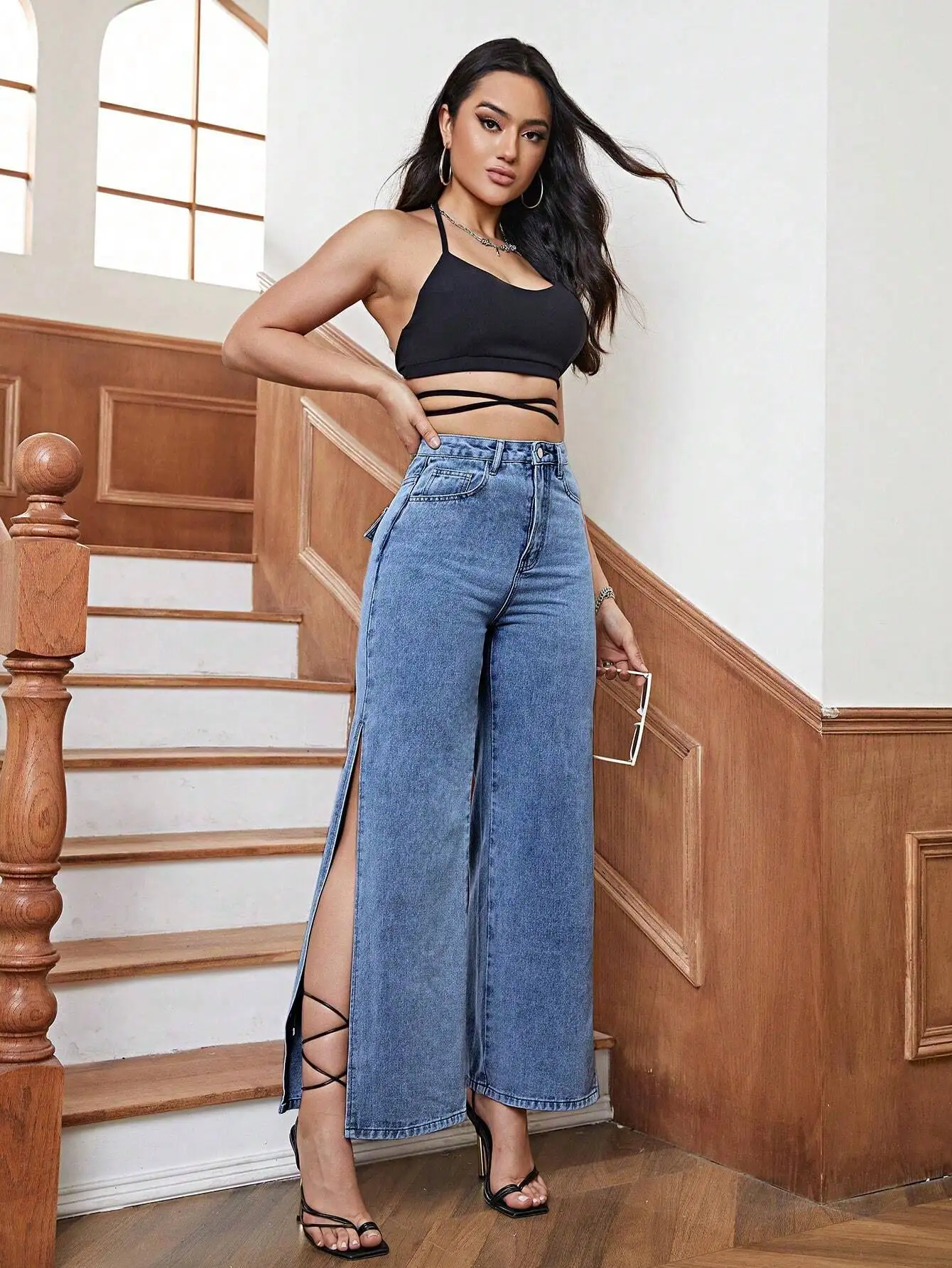 

Джинсы с высокой талией и широкими штанинами с боковым разрезом для женщин, повседневные джинсовые брюки