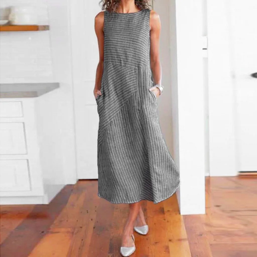 

Summer Ladies Striped Print Sleeveless Long Dresses Fashion Women Neck Linen Pocket Mid-Calf Round Neck Casual Daily Wear Dress