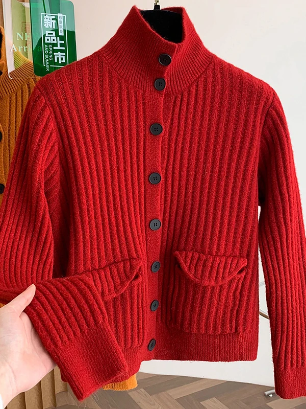 

Красный вязаный свитер с высоким воротником для женщин, винтажный свободный крой, длинный све, зимняя мода, майки, новогодний наряд