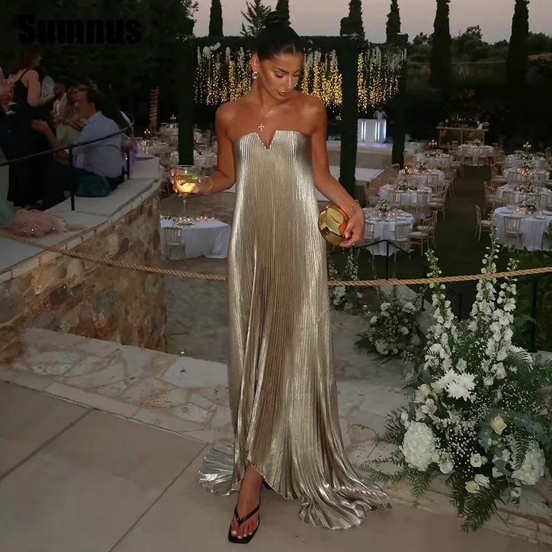 

Sumnus Modern Straight Prom Dress Metallic Strapless Sleeveless Draped Gala Dresses Floor-Length Evening Dress Customized