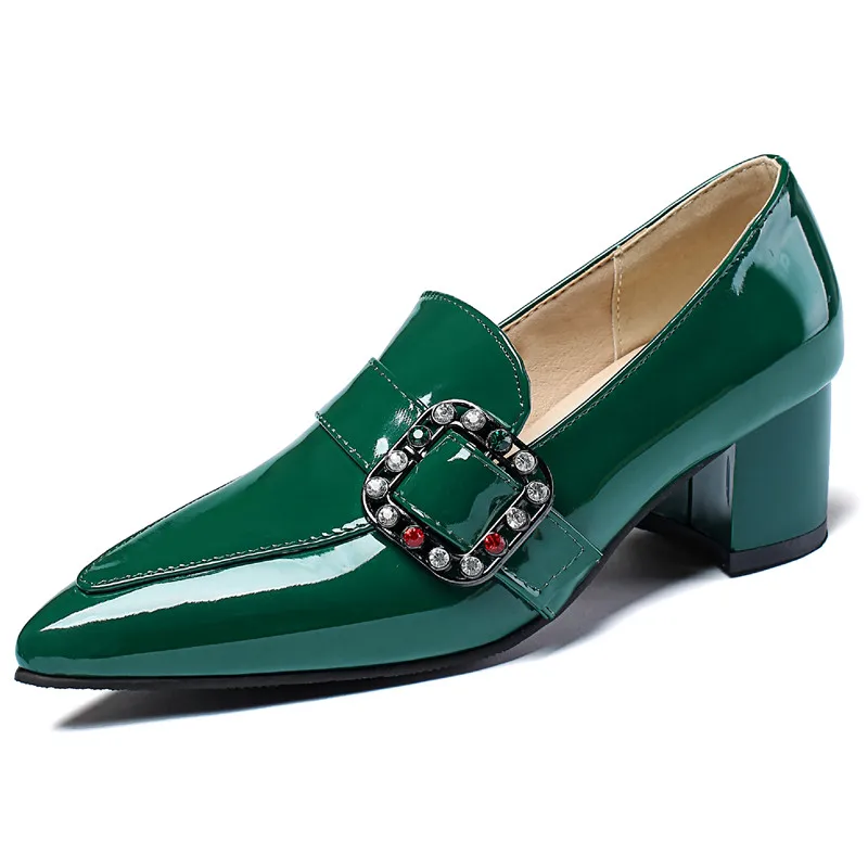 Mocasines de tacón de bloque verdes elegantes para mujer, zapatos de tacón de vestir para mujer, zapatos Oxford de tacón corto negros desnudos, marca de talla grande para mujer