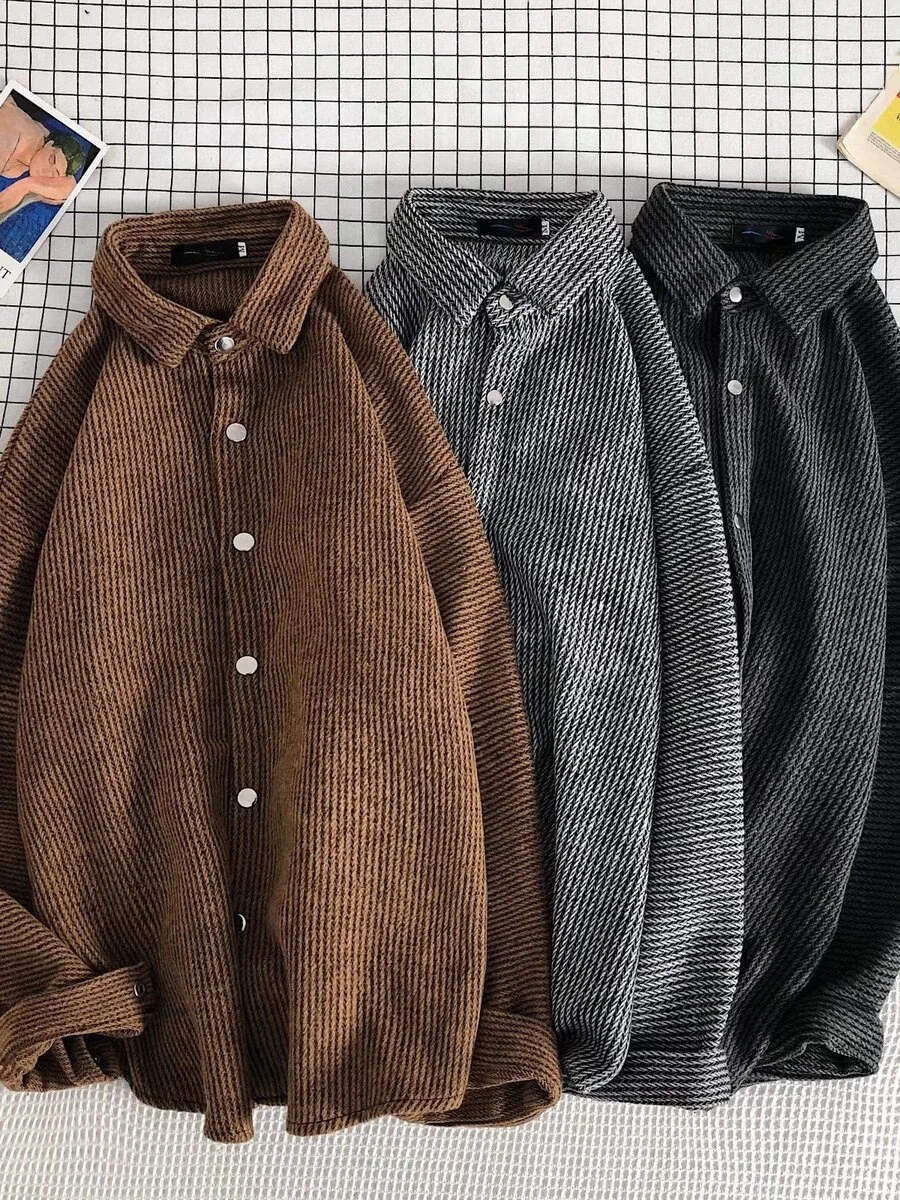 

Мужская шерстяная куртка в японском ретро-стиле, с длинными рукавами, в полоску, свободного кроя, теплая, молодежная, модная, зимняя верхняя одежда из полиэфирного волокна