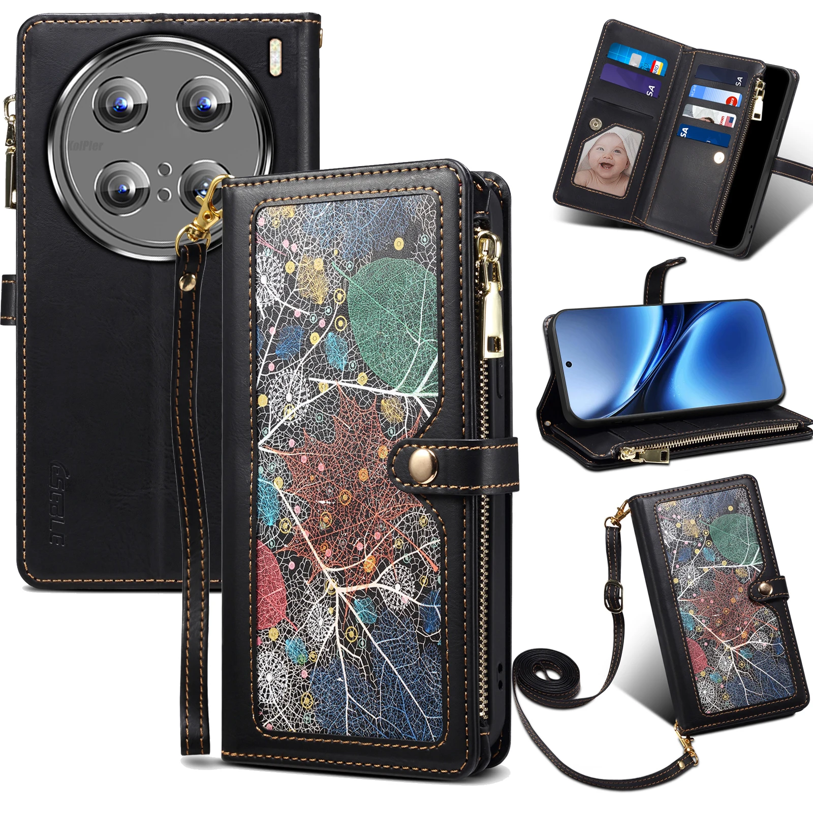 Leather Flip Phone Case For VIVO X200 PRO / X200 / X200PRO MINI Flower Painted Wallet Card Holder Mobile Phone Cover Coque Capa