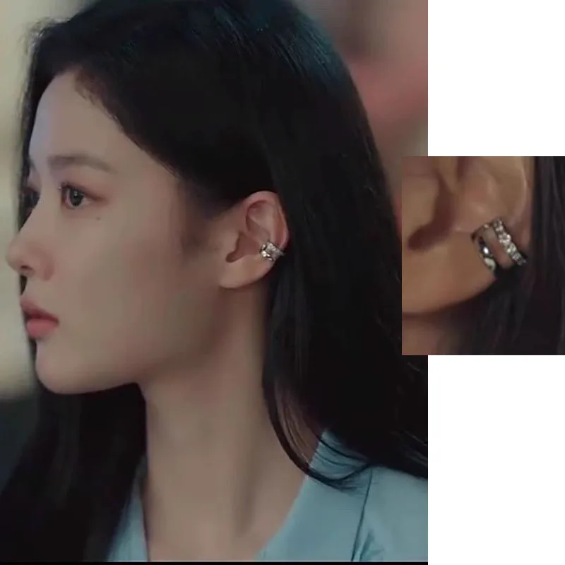 Korean TV drama My Demon Kim You Jung Same Ear Bone Clip Earrings Silver Color Without Piercing Maillard Style Jewelry Rhineston