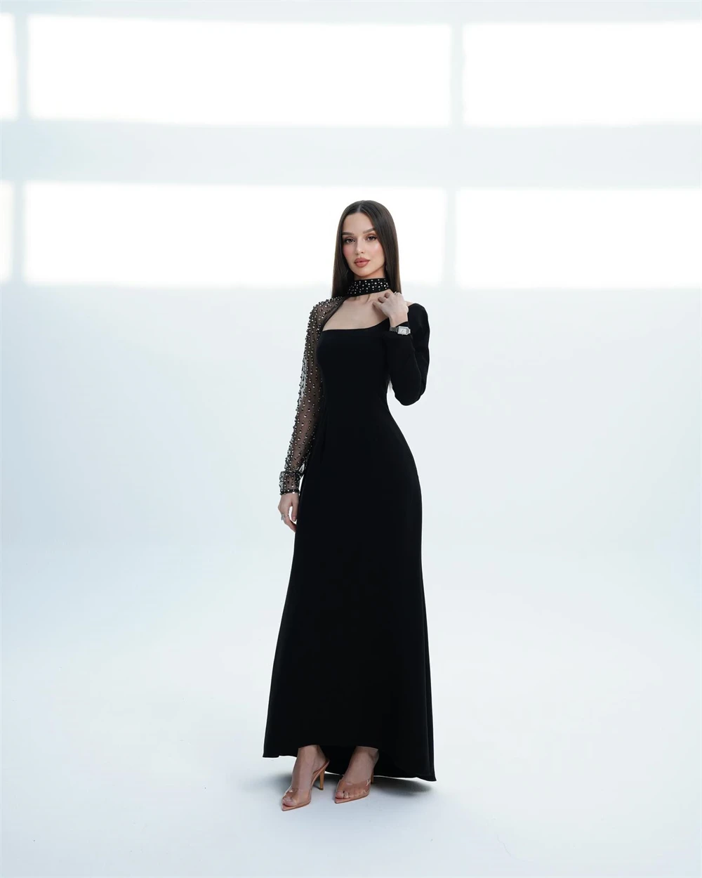 

Customized High Quality Black Jersey Evening Dress Temperament Sequined Draped Square Collar Long Sleeves Special Occasion Gowns