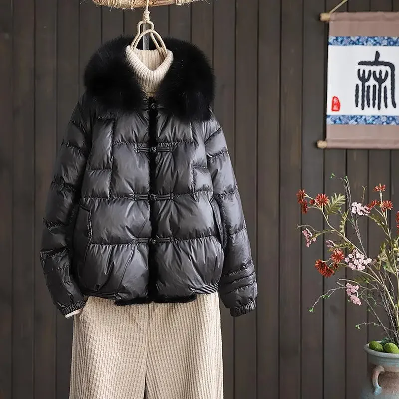 ダウンジャケット 90% ホワイトダックダウン 暖かい ディスクバックル 取り外し可能なフォックスファー襟 新作 秋冬 レディース ショート ミンクヘムヘア