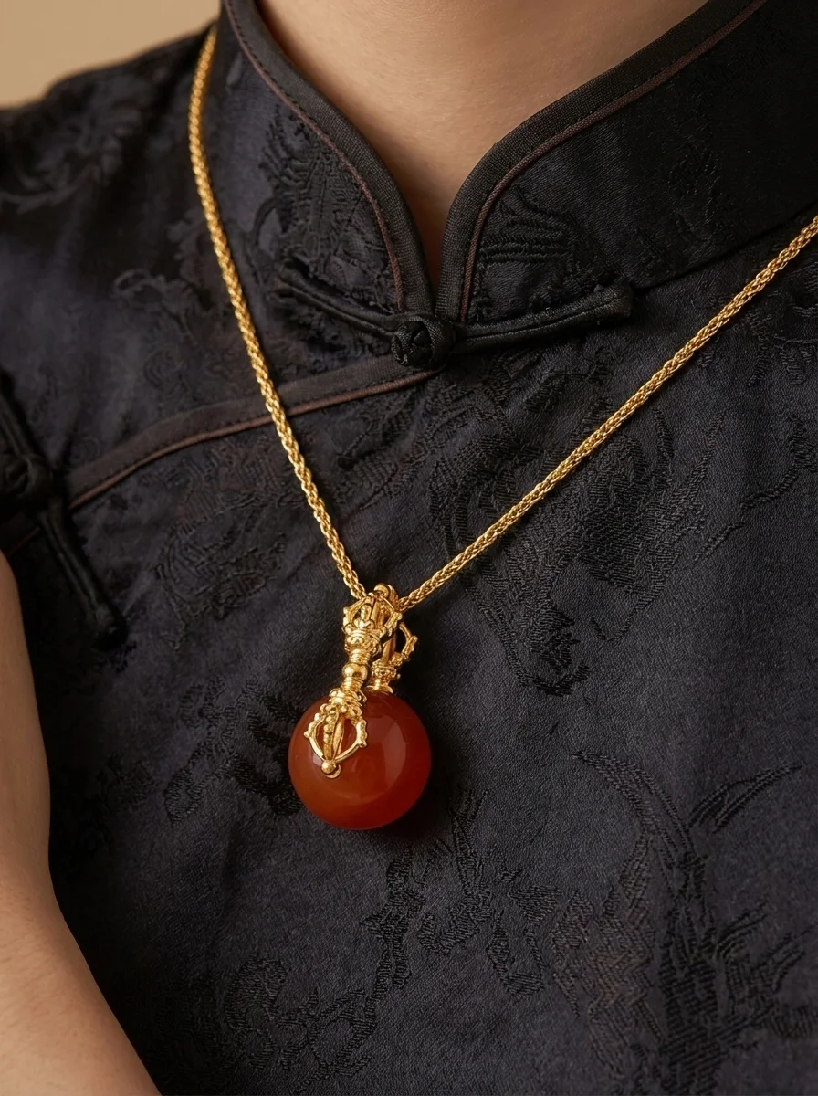 Luxury Artisan Vajra & Red Agate Necklace, Vintage Double Cable Chain, Timeless Spiritual Jewelry for Gift