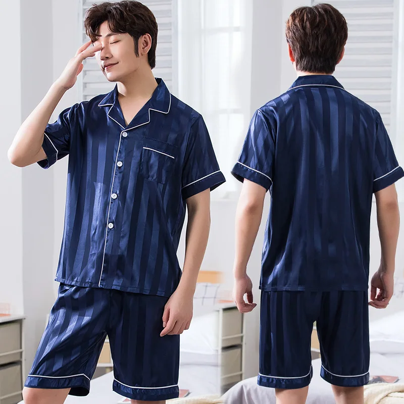 Spring and Autumn Men's Pajamas Short-sleeved Thin Ice Silk Summer Two-piece Youth Home Clothes Silk Suit Large Size