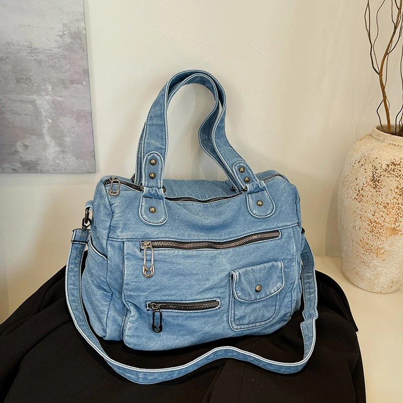

Повседневная джинсовая сумка на плечо, женские сумки большой вместимости, дорожная парусиновая сумка-тоут, женская сумка-мессенджер в японском стиле с несколькими карманами