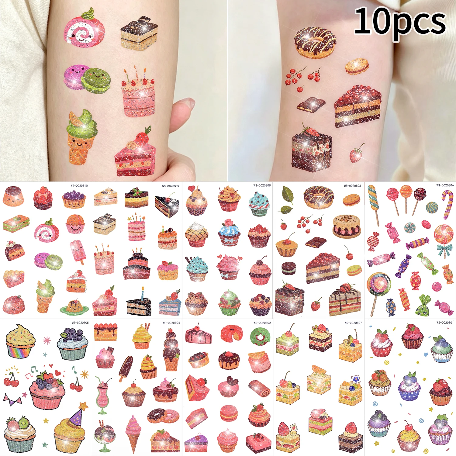 10Pcs Glitter Cake Ice Cream Temporary Tattoo Stickers Cartoon Donut Candy Tattoos Decals for Child Birthday Body Makeup Decor N