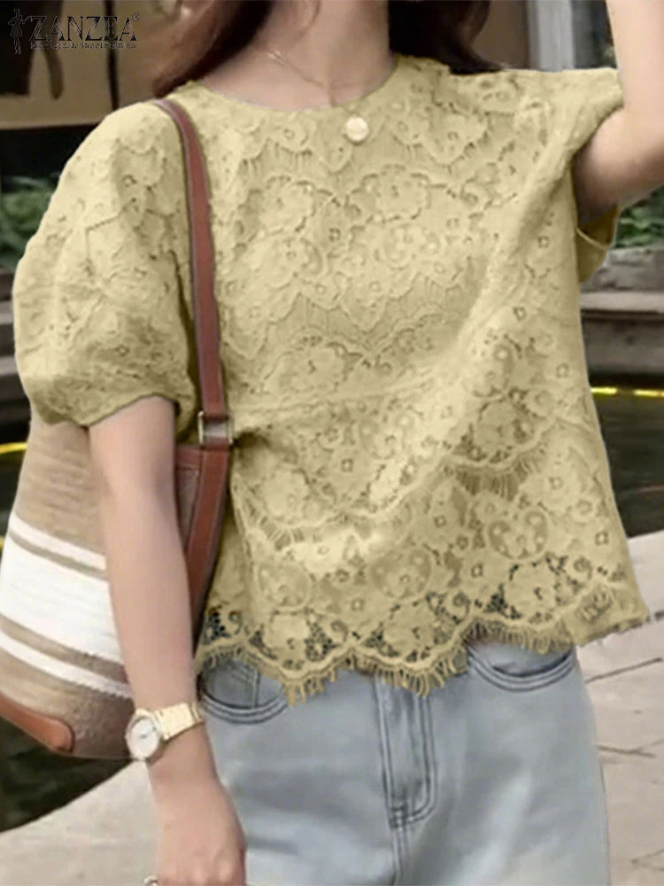 

Однотонные кружевные блузки, женские прозрачные топы, винтажные туники с короткими пышными рукавами и неровным подолом, 2025 ZANZEA, повседневный пуловер с круглым вырезом