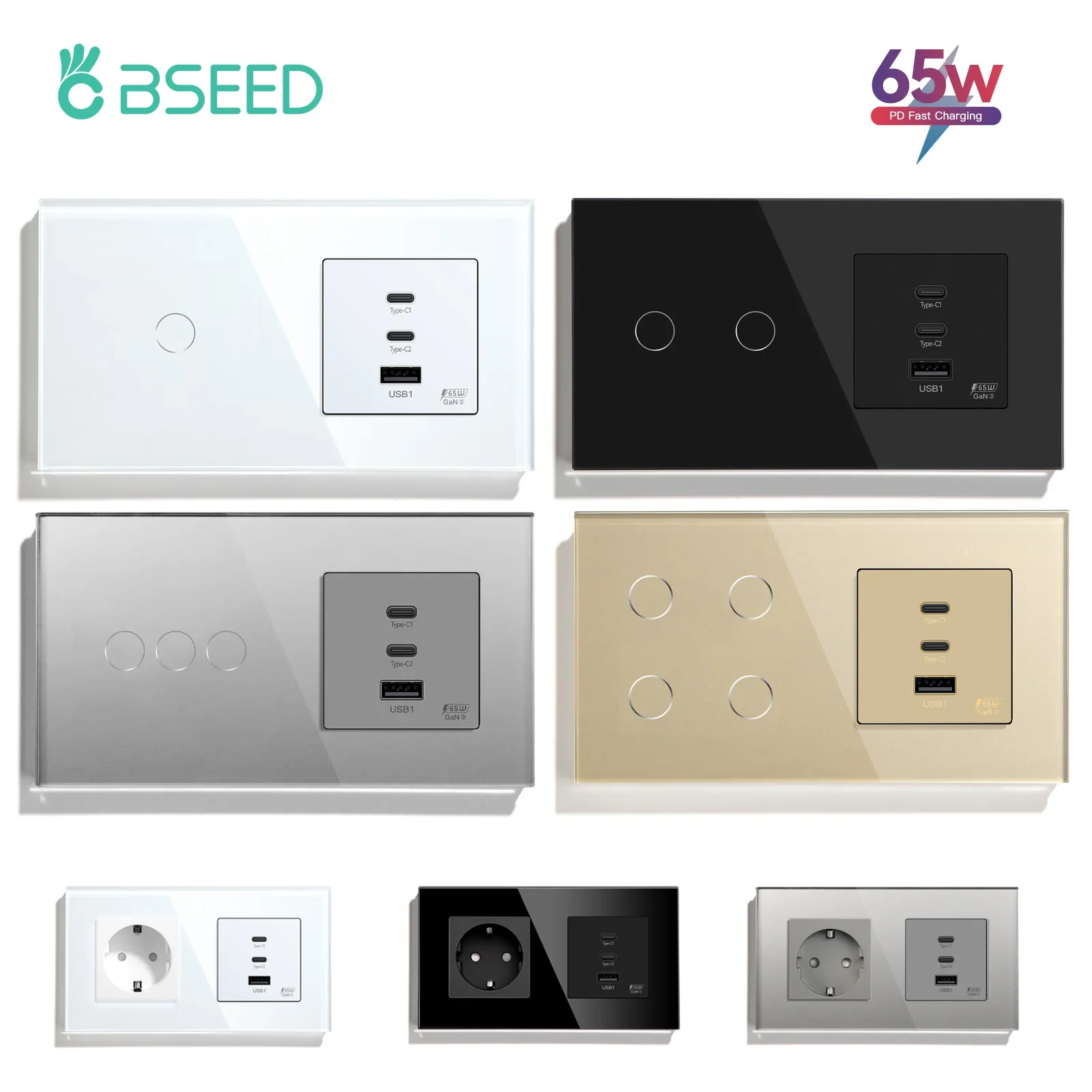 

BSEED 1/2/3/4Gang Light Touch Switch 1Way Plus 65w Dual Type-c USB Super Fast Charging Socket Порты Стеклянная панель Стандарт ЕС