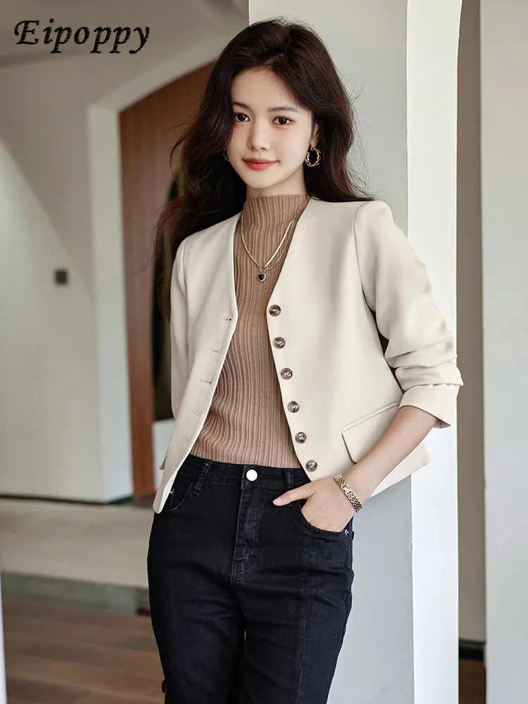 ชุดสูทสีกาแฟลำลองเสื้อแจ็คเก็ตลำลองทรงสั้นสำหรับผู้หญิง