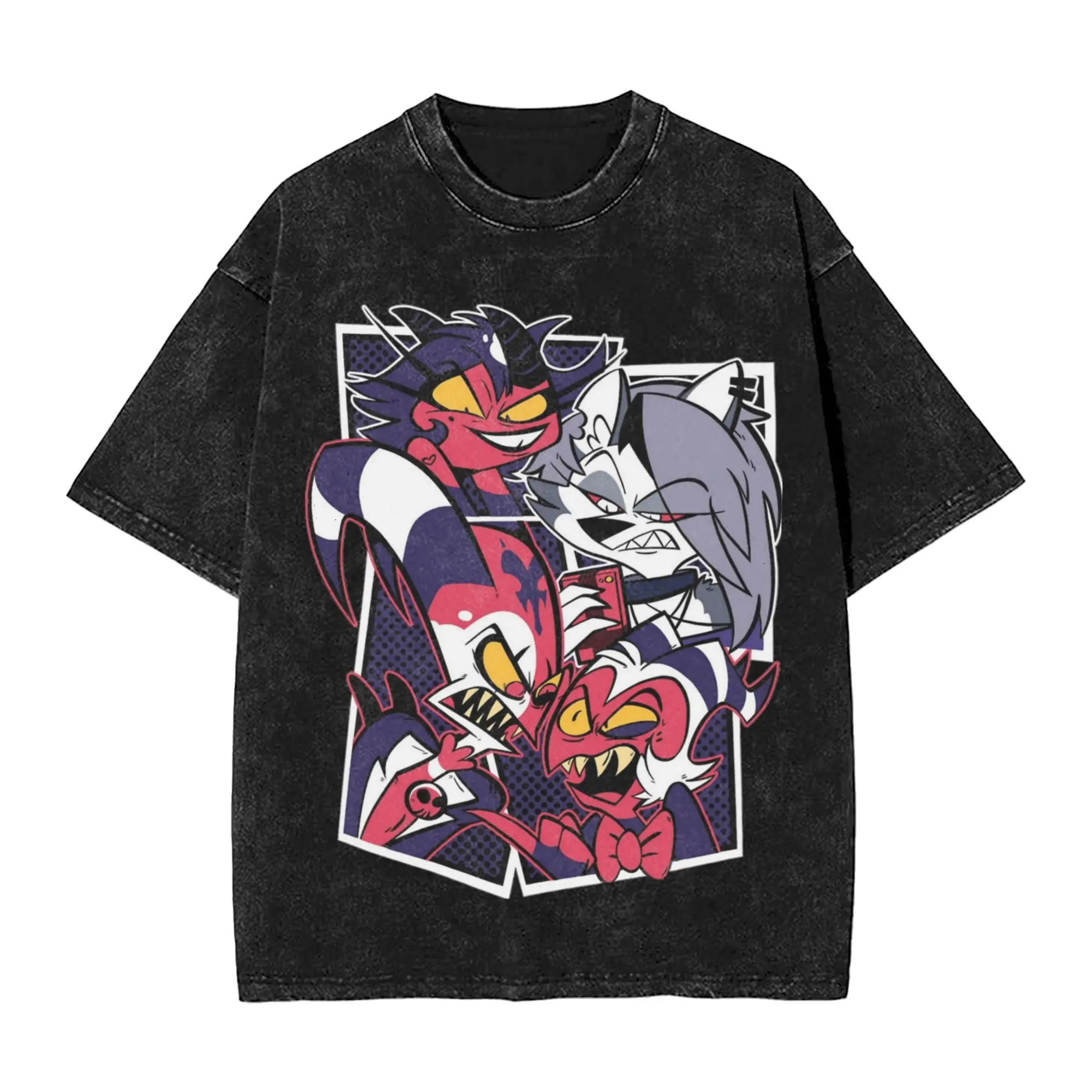 Hip Hop Washed Helluva Loona Cartoon Print T Shirt Cotton Loose T-Shirt Impish Behavior Unisex Clothing Short Sleeve Tees